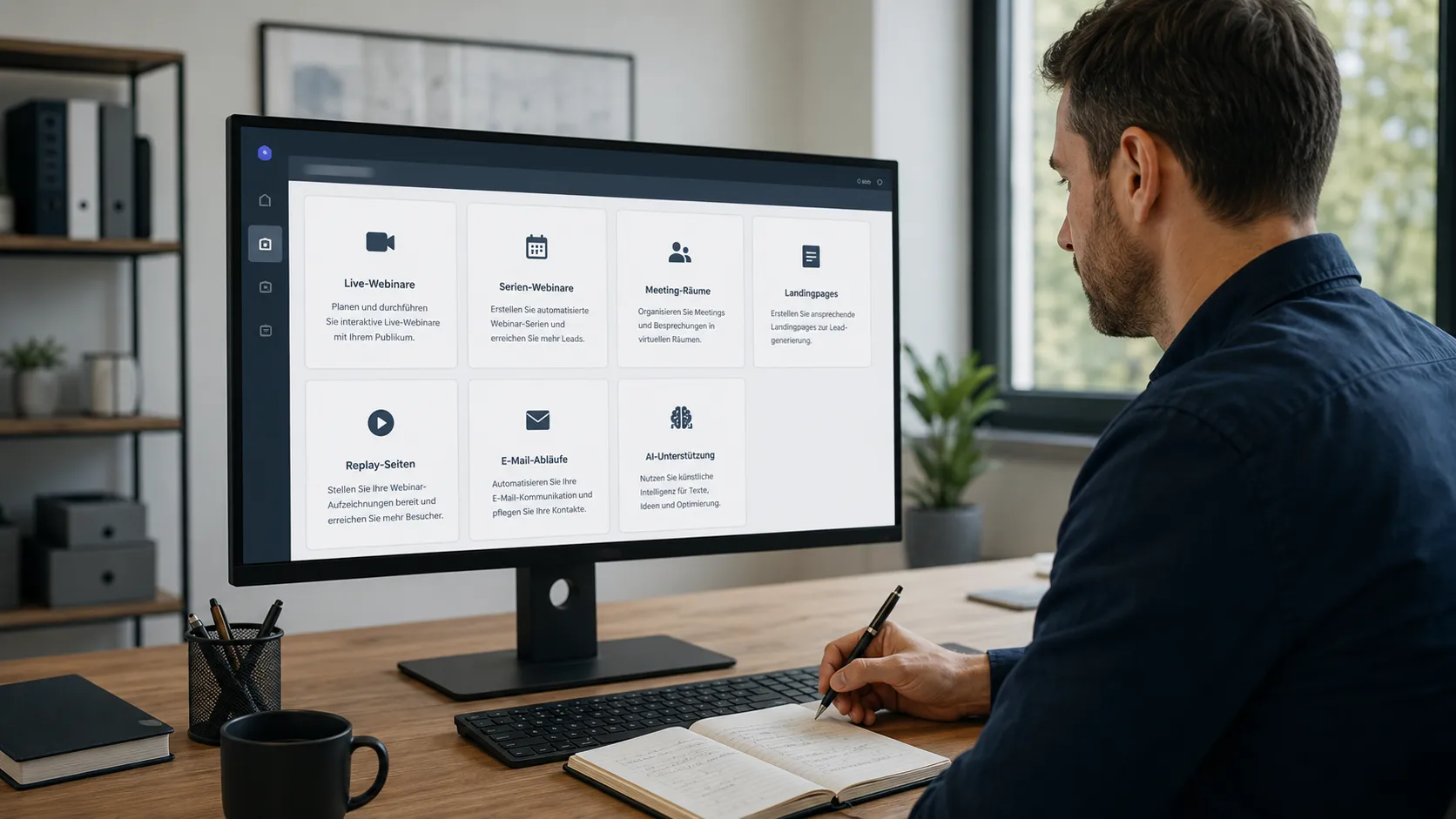 Übersicht der Plattformleistungen von gowebinar.net mit Webinaren, Landingpages, Replay, Mails und AI-Suite