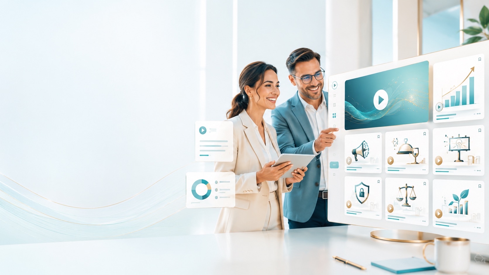 Hero-Bild der GoWebinar Webinar-Mediathek mit Menschen, Webinaren und Business-Erfolg